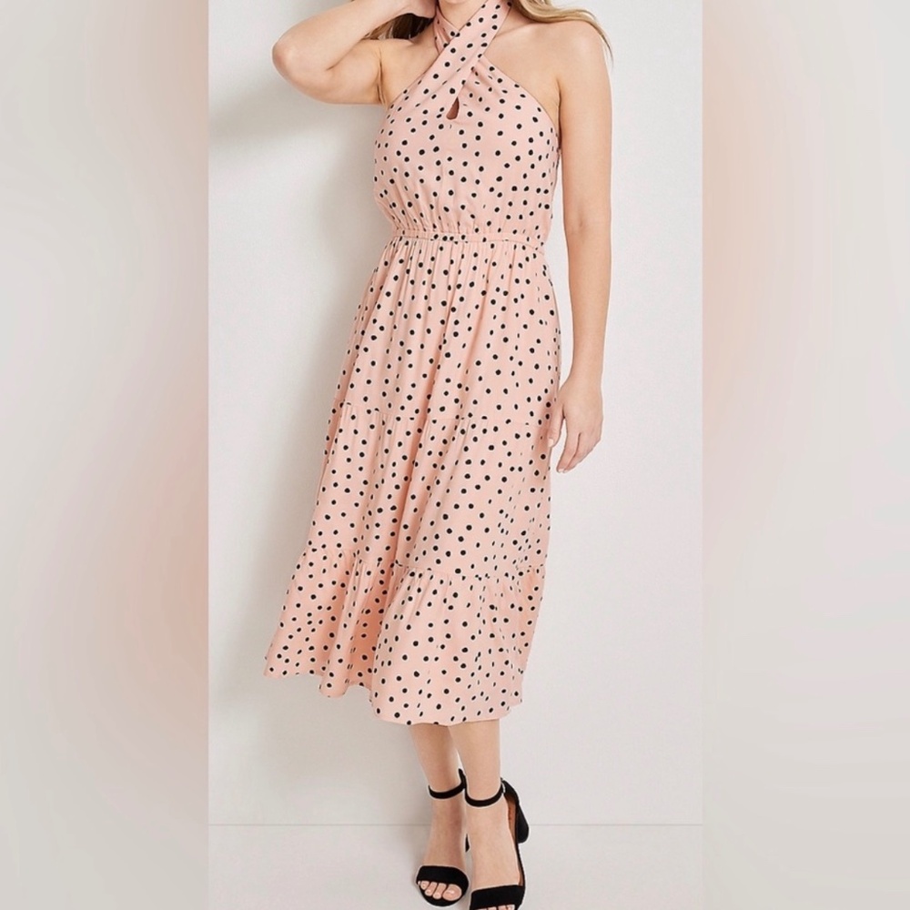 Maurices Tiered Halter Neck Lined Polka Dot Pink Peach Black Midi Dress S